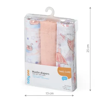 Babyono, Baletnice, pieluszka muślinowa, 70-70 cm, 3 szt.