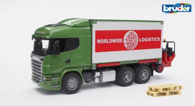 Bruder, Scania R, Kontener z wózkiem widłowym i paletami