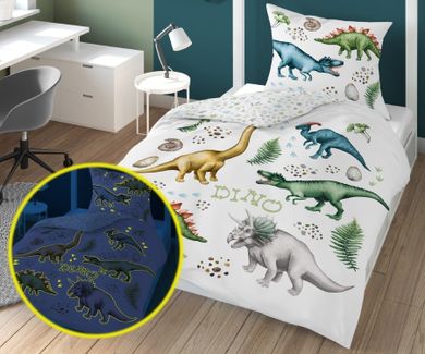 Dino, fluo, 2-częściowy komplet pościeli świecącej w ciemności, 160-200 cm
