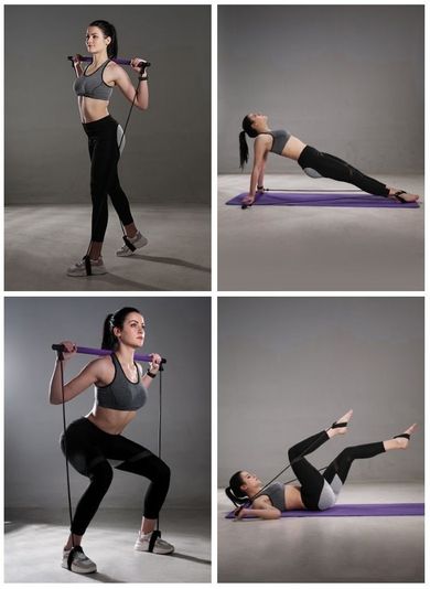 Drążek fitness z gumami do ćwiczeń, Pilates Bar, fioletowy