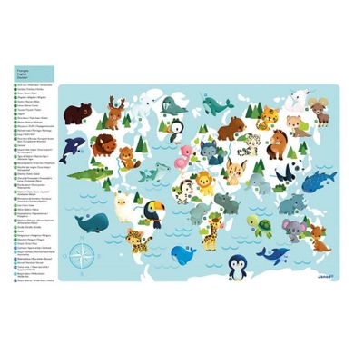 Janod, mapa świata, drewniana układanka magnetyczna, małe zwierzątka, 40 magnesów