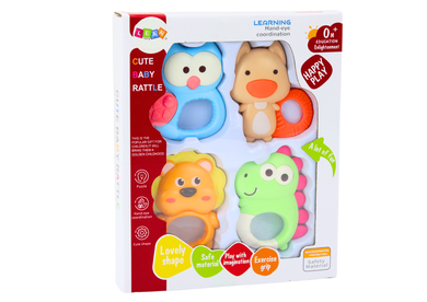 Lean Toys, zestaw grzechotek, gryzaków, zwierzątka, pastelowe, 4 szt.