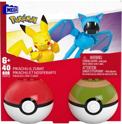 MEGA Pokemon, Pokeball Pikachu i Zubat, 2 figurki, klocki, 40 elementów