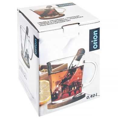 Orion, kubek szklany z zaparzaczem i podstawką bambusową, domki, 3 elementy, 400 ml