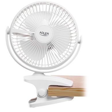 Adler, wentylator biurkowy z klipsem, akumulatorowy, biały, 15,5 cm, 360° obrót, USB-C