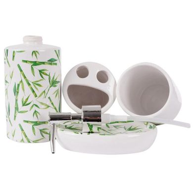 Bathroom Solutions, zestaw łazienkowy ceramiczny, biały dekor bambus, 4 elementy