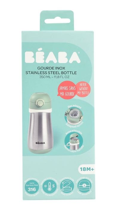 Beaba, bidon termiczny, ze słomką, sage green, 350 ml