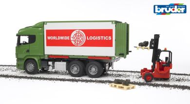 Bruder, Scania R, Kontener z wózkiem widłowym i paletami