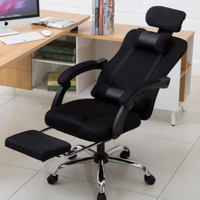 Ergonomiczny, obrotowy fotel z podnóżkiem i zagłówkiem, wentylacja, czarny