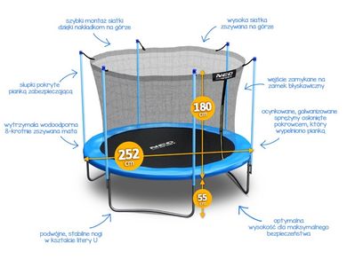 Neo-Sport, trampolina ogrodowa z siatką wewnętrzną, 252 cm