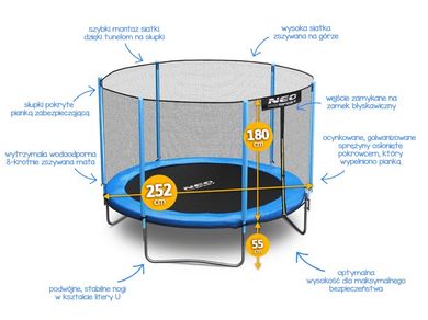 Neo-Sport, trampolina ogrodowa z siatką zewnętrzną, 252 cm
