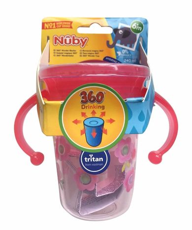Nuby, kubek niekapek z uchwytem, 360, różowy, 240 ml, 6m+