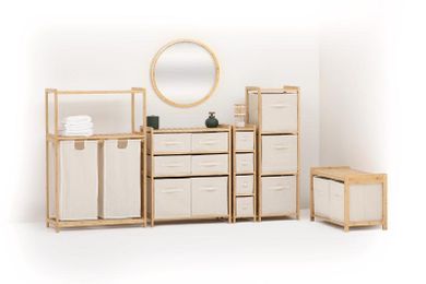 5five Simply Smart, regał bambusowy z koszem na pranie, Tidy box, i pojemnikami, 66-33,3-78.5 cm