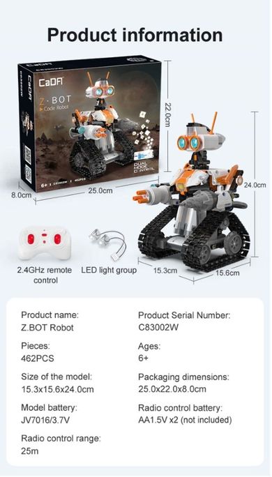 Cada, Z.BOT Code Robot, klocki konstrukcyjne, robot zdalnie sterowany, 462 elementy