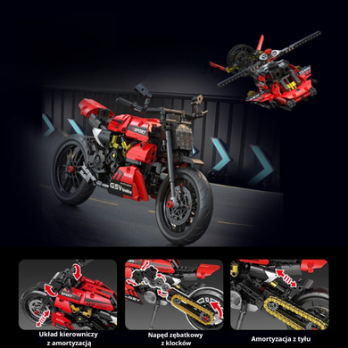 Forange, czerwony motocykl 2w1, klocki konstrukcyjne, 545 elementów