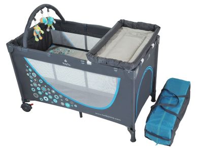 BabyOno, łóżeczko turystyczne z pełnym wyposażeniem, szaro-niebieskie, 120-60 cm