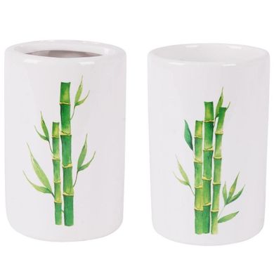 Bathroom Solutions, zestaw łazienkowy ceramiczny, biały dekor bambus, 4 elementy
