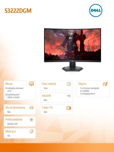 Dell, monitor, S3222DGM, 31,5 cali, VA 2560-1440, 2xHDMI, DP, 3Y