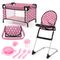 Bayer Design, zestaw podróżny dla lalek: łóżeczko turystyczne, krzesełko do karmienia, torba, akcesoria, 9w1, różowy