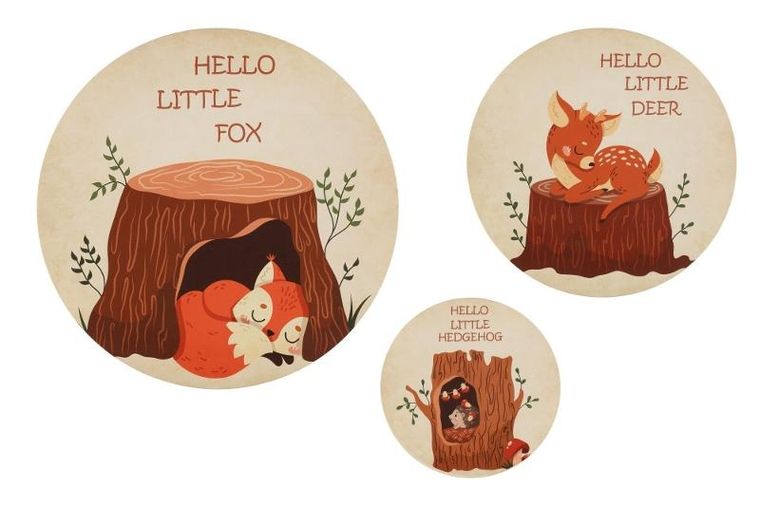 4living, okrągłe obrazki ze zwierzątkami do pokoju dziecięcego, 3 szt.