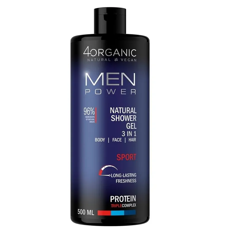 4organic, Men Power, naturalny żel pod prysznic 3w1, Sport, 500 ml