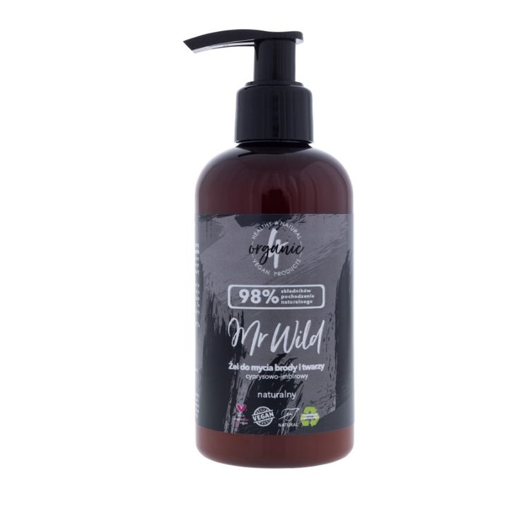 4organic, Mr Wild, naturalny żel do mycia brody i twarzy, cyprysowo-imbirowy, 200 ml
