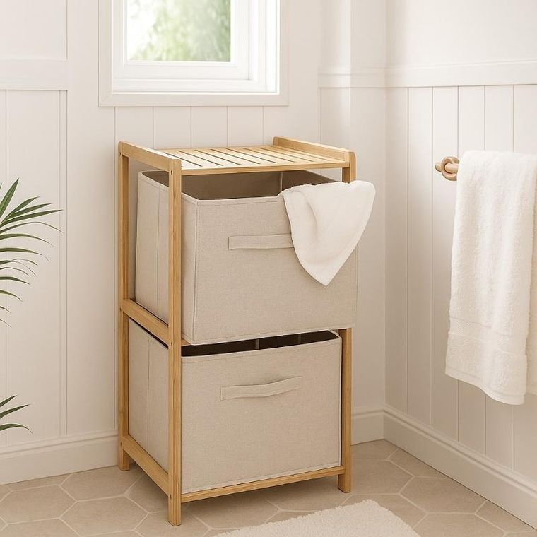 5five Simply Smart, Tidy, regał bambusowy z dwoma materiałowymi koszami, 34,7-33-77,5 cm