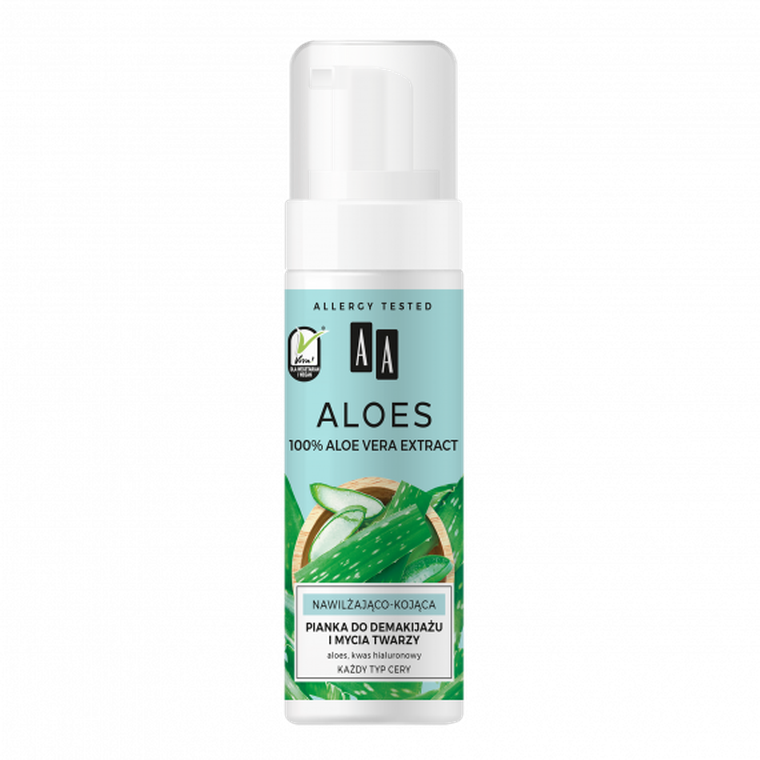 AA, Aloes, 100% pianka do demakijażu i mycia twarzy nawilżająco, kojąca, 150 ml