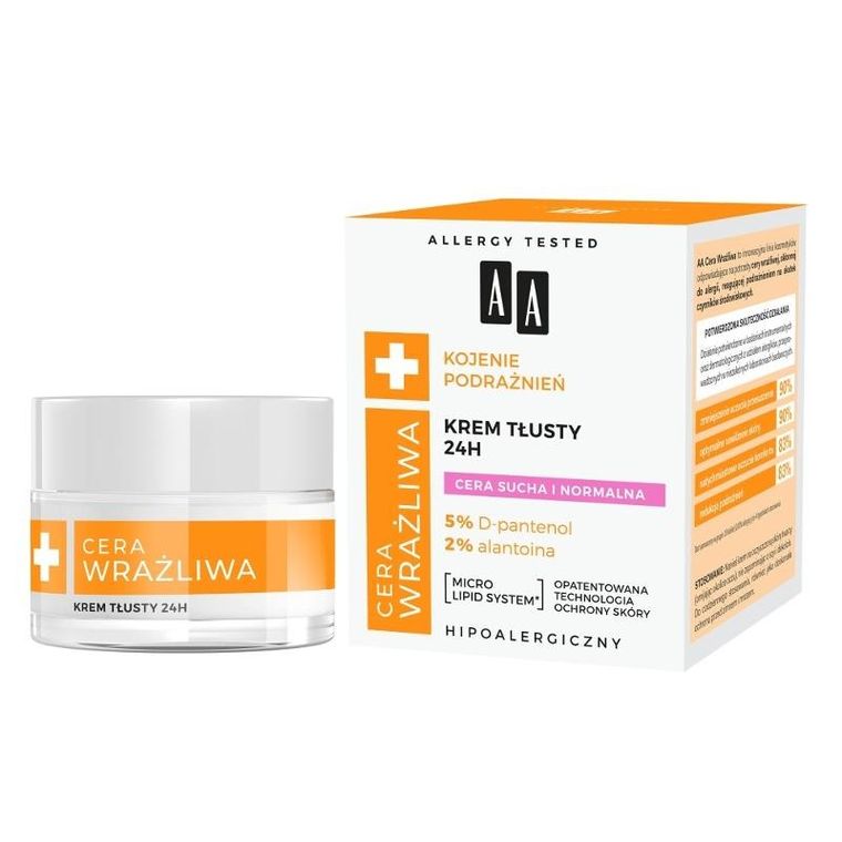 AA, Cera wrażliwa, kojenie podrażnień, krem tłusty 24h do cery suchej i normalnej, 50 ml