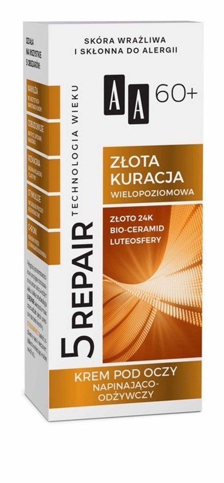 AA, Technologia Wieku, 5Repair 60+ Złota Kuracja, krem napinająco-odżywczy pod oczy, 15 ml