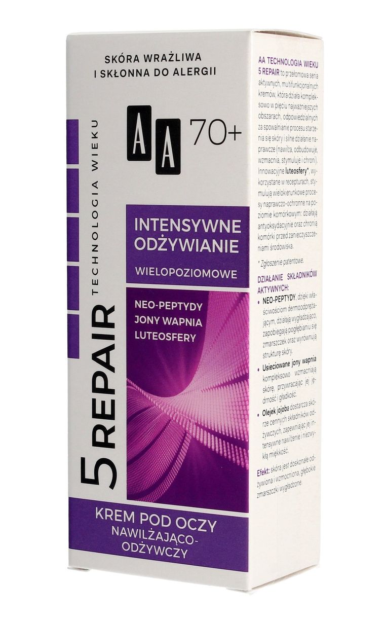 AA, Technologia Wieku 5Repair 70+ Intensywne Odżywianie, krem pod oczy nawilżająco-odżywczy, 15 ml