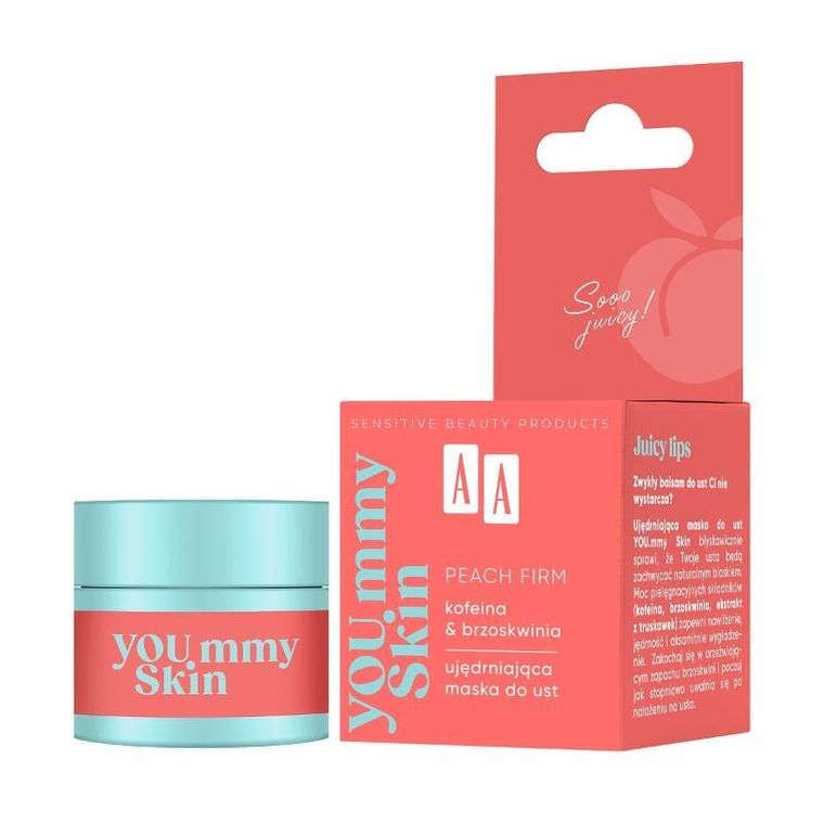 AA, You.mmy Skin, Peach Firm, ujędrniająca maska do ust, kofeina i brzoskwinia, 10g