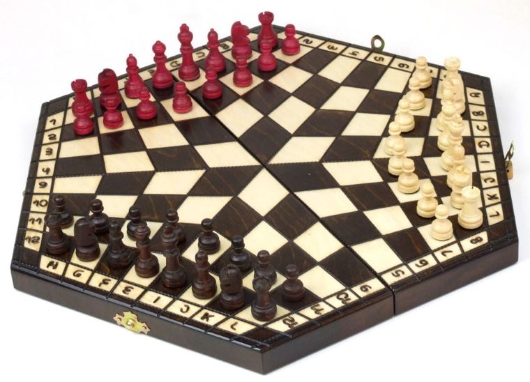 Abino, drewniane szachy, wersja 3 osobowa, gra logiczna