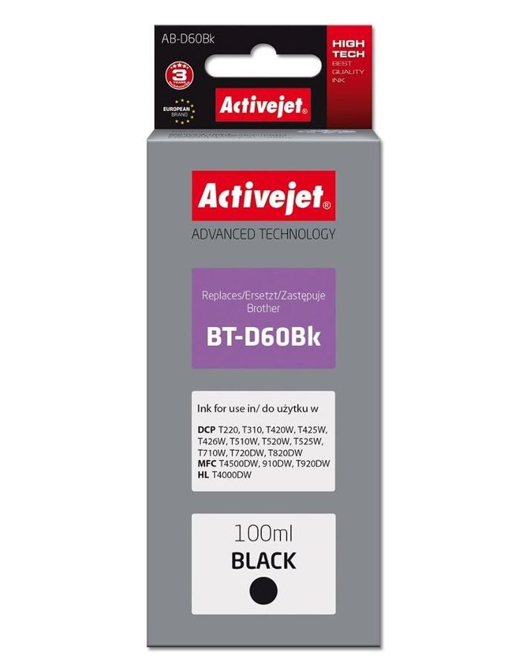 Activejet Tusz Ab-d60bk Buteleczka Z Atramentem, zamiennik Brother Bt-d60bk; Supreme; 100 Ml;, czarny