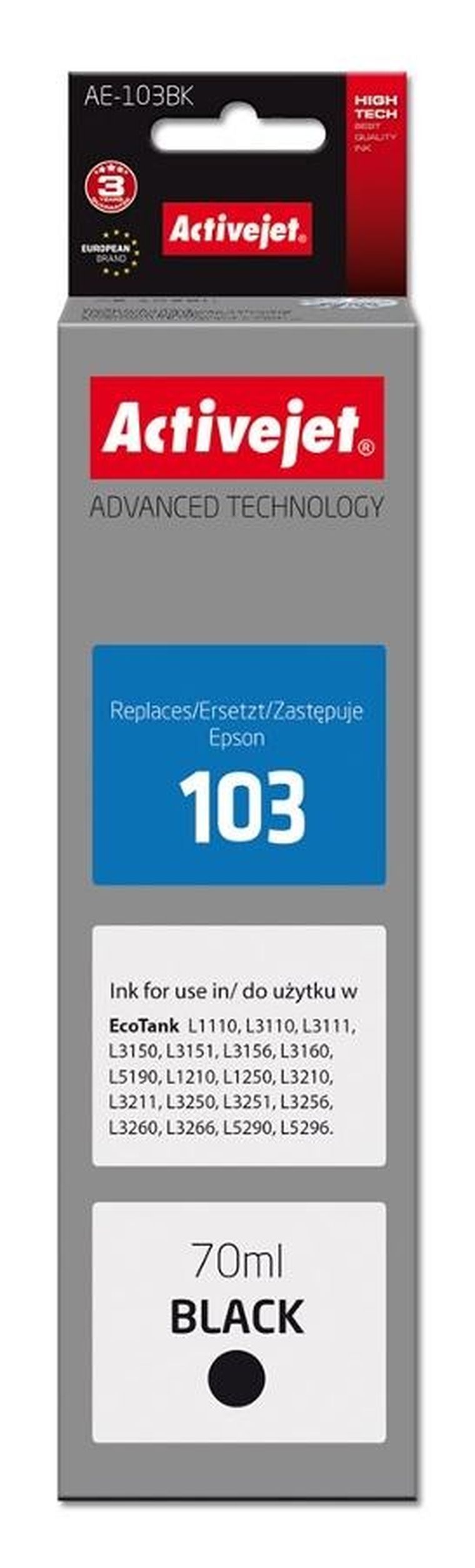 Activejet, tusz do drukarki, AE-103BK, zamiennik Epson 103 C13T00S14A, Supreme, 70 ml, czarny