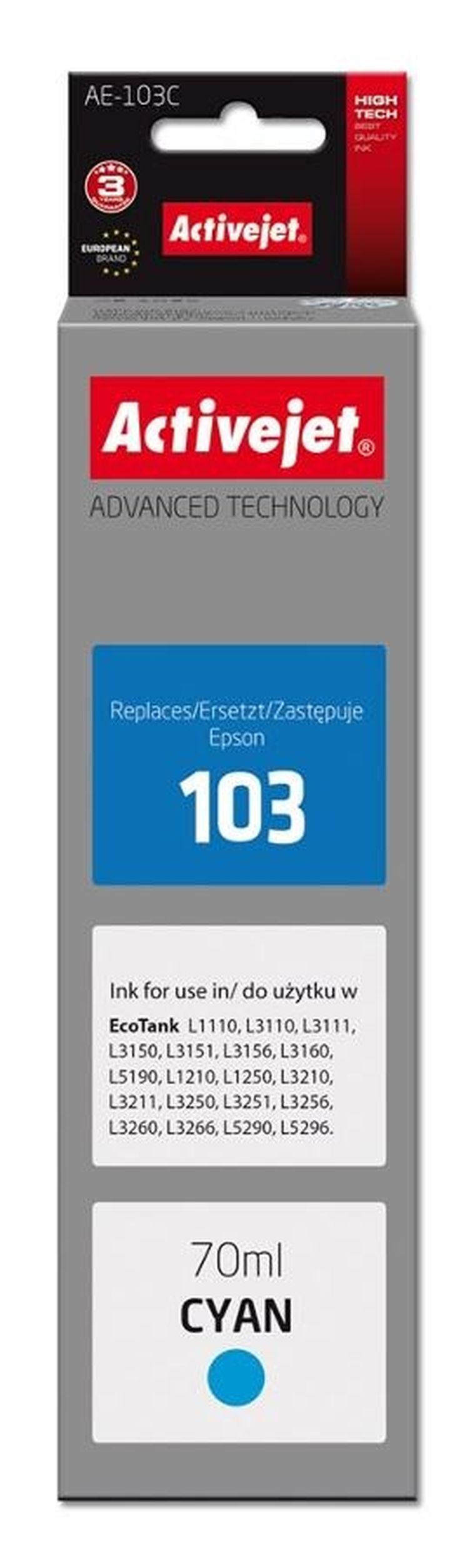 Activejet, tusz do drukarki, AE-103C, zamiennik Epson 103 C13T00S24A, Supreme, 70 ml, błękitny