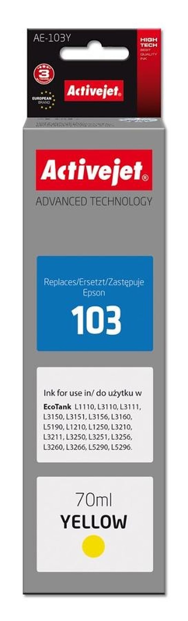 Activejet, tusz do drukarki, AE-103Y, zamiennik Epson 103 C13T00S44A, Supreme, 70 ml, żółty