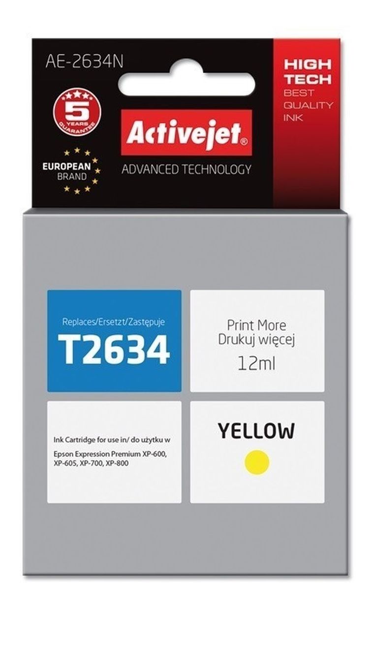 Activejet, tusz do drukarki, AE-2634N, zamiennik Epson 26 T2634, Supreme, 12 ml, żółty