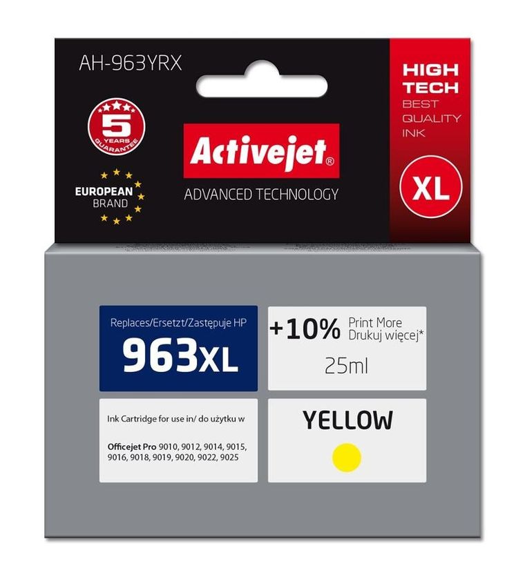 Activejet, tusz do drukarki, AH-963YRX, zamiennik HP963XL 3JA29AE, Premium, 1760 stron, żółty