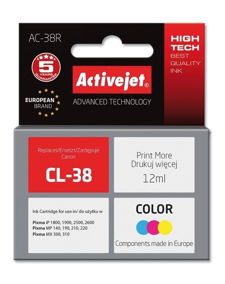 Activejet, tusz do drukarki, zamiennik Canon CL-38, Premium, 12 ml, kolor, AC-38R