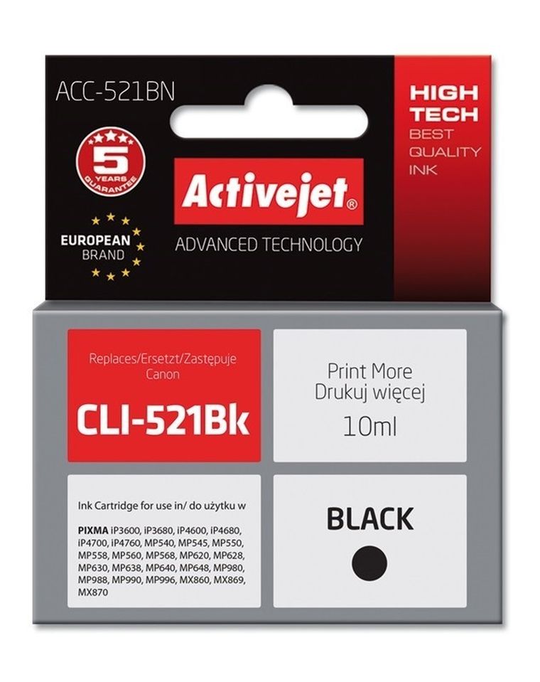 Activejet, tusz do drukarki, zamiennik Canon CLI-521Bk, Supreme, 10 ml, czarny, ACC-521BN