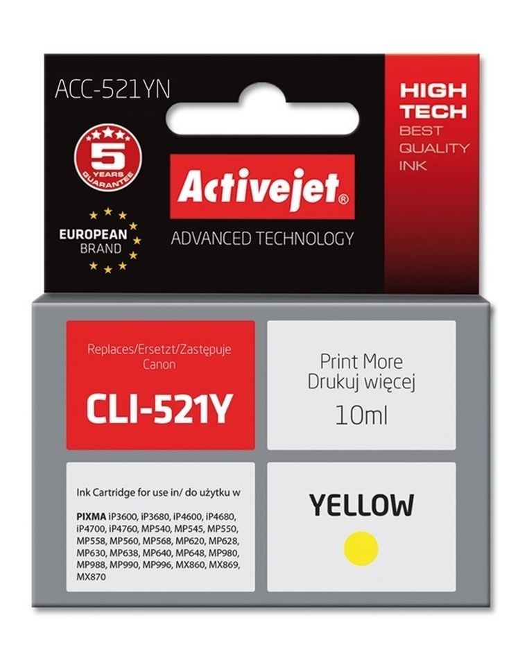 Activejet, tusz do drukarki, zamiennik Canon CLI-521Y, Supreme, 10 ml, żółty, ACC-521YN
