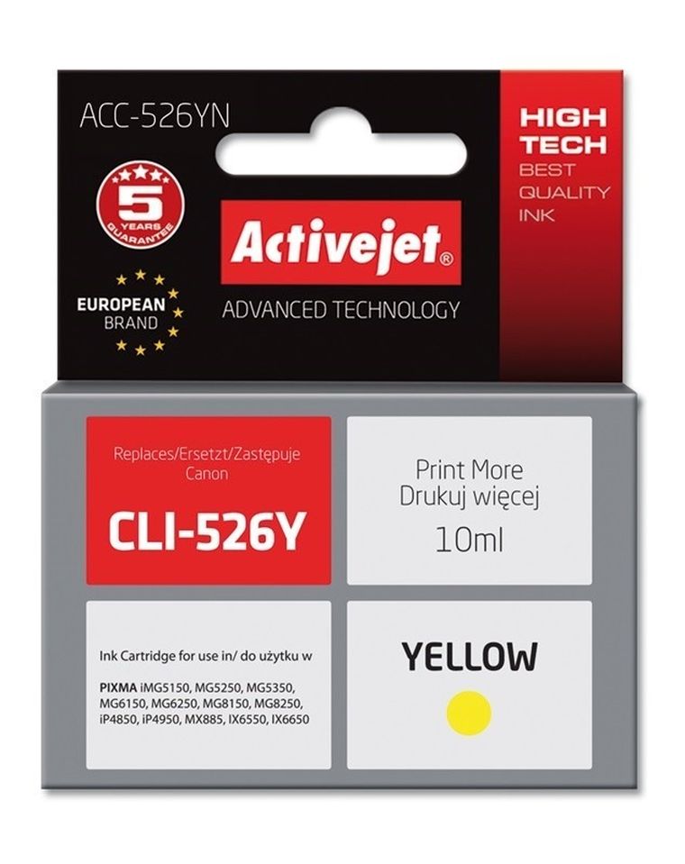 Activejet, tusz do drukarki, zamiennik Canon CLI-526Y, Supreme, 10 ml, żółty, ACC-526YN