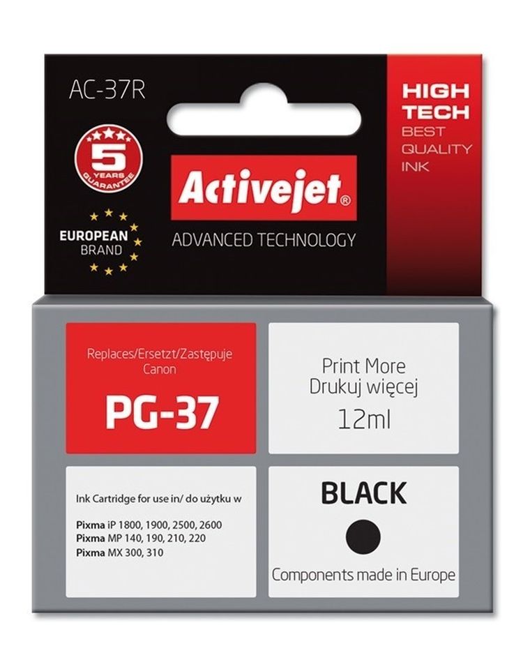 Activejet, tusz do drukarki, zamiennik Canon PG-37, Premium, 12 ml, czarny, AC-37R