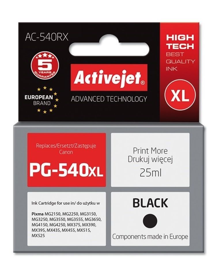 Activejet, tusz do drukarki, zamiennik Canon PG-540XL, Premium, 25 ml, czarny, AC-540RX