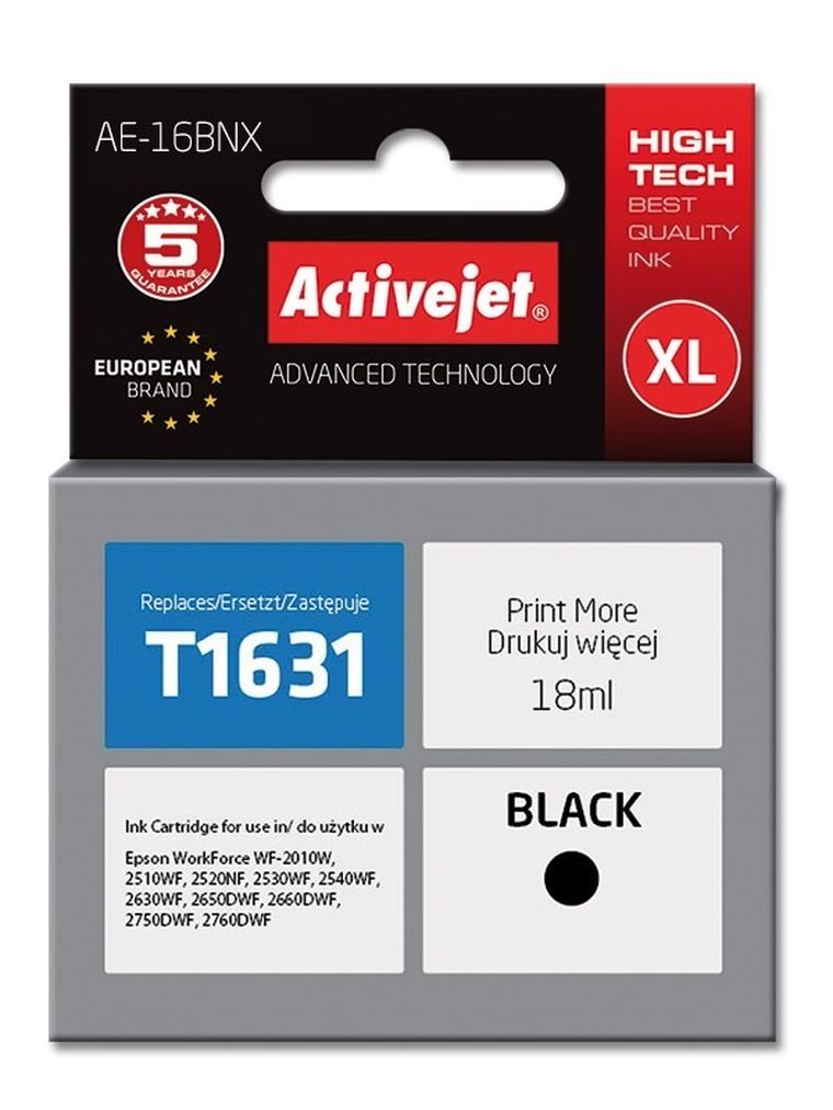 Activejet, tusz do drukarki, zamiennik Epson 16XL T1631, Supreme, 18 ml, czarny, AE-16BNX