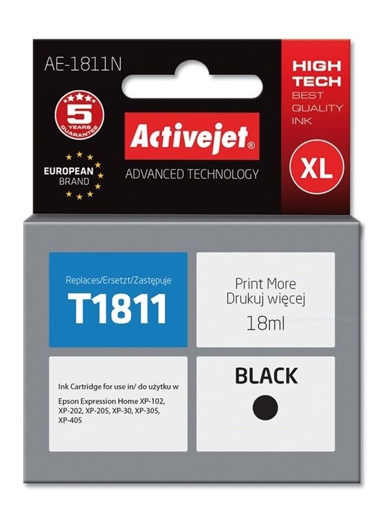 Activejet, tusz do drukarki, zamiennik Epson 18XL T1811, Supreme, 18 ml, czarny, AE-1811N
