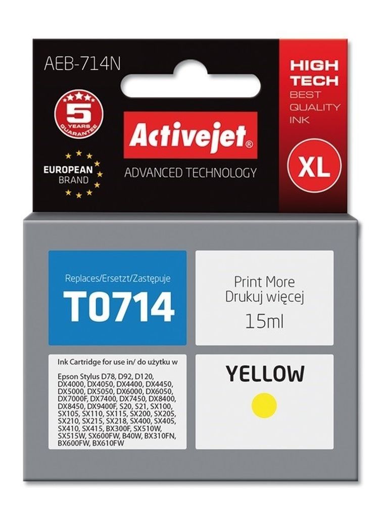 Activejet, tusz do drukarki, zamiennik Epson T0714, T0894, T1004, Supreme, 15 ml, żółty, AEB-714N