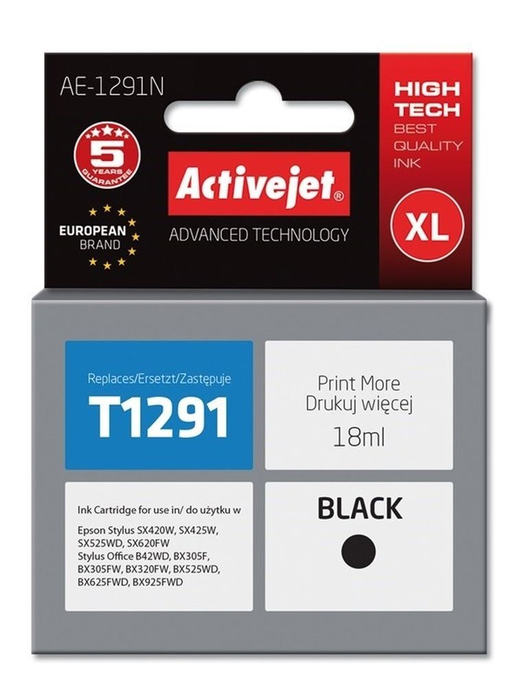 Activejet, tusz do drukarki, zamiennik Epson T1291, Supreme, 18 ml, czarny, AE-1291N