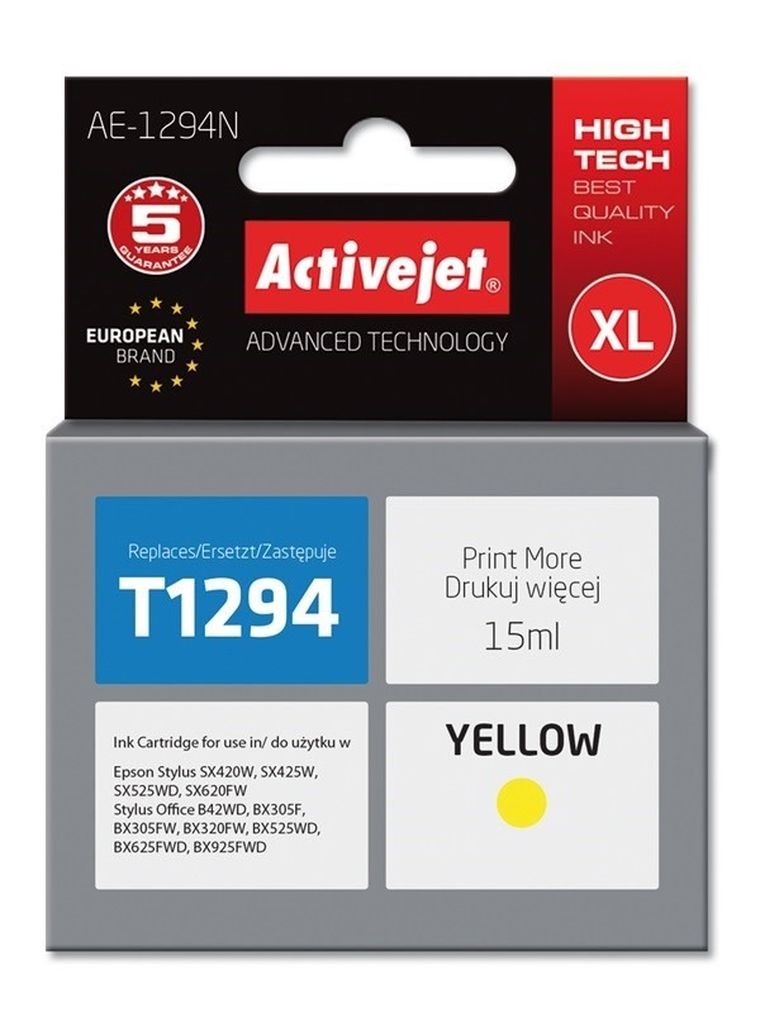 Activejet, tusz do drukarki, zamiennik Epson T1294, Supreme, 15 ml, żółty, AE-1294N